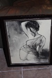 Pencil Sketch of Posing Woman Black/White Print in Black Frame/Matt