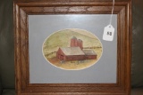 Hand Painted Barn House/Farm Scene in Wood Frame/Matt