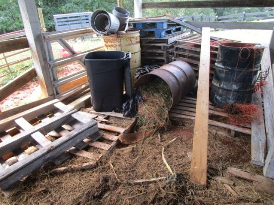 Lot - Pallet Wood, Metal Barrels w/ Cord, Etc.