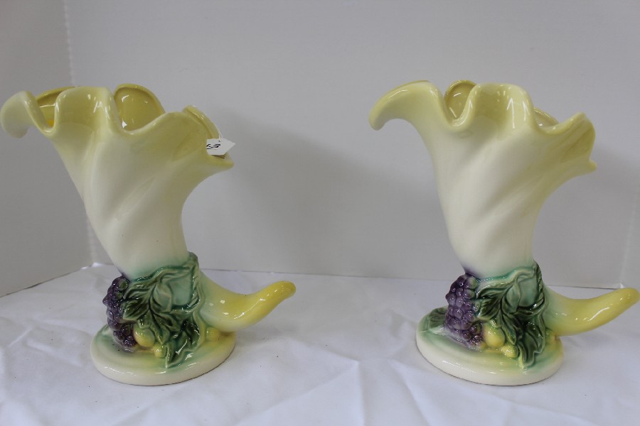 Pair Hull Pottery Cornucopia Vases Fiesta Pattern Top Bright
