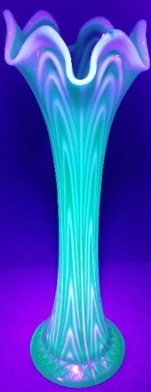 Antique Fenton Vaseline Uranium Opalescent Glass Swung Vase/Reverse Drapery