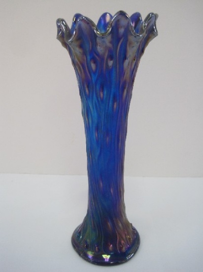 Super Rare Northwood Glass Co. Tree Trunk Pattern Sapphire Cobalt Iridescent Carnival Vase