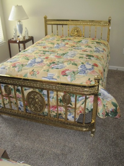 Exquisite Brass Head/Foot Board Adorned w/ Relief Maiden Medallions