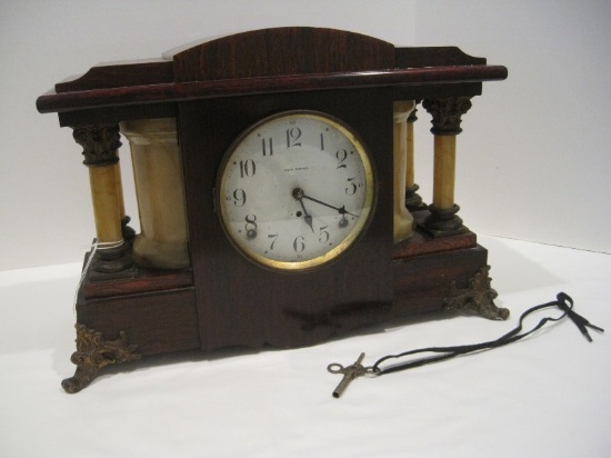 Early Seth Thomas Adamantine Mantle Clock w/ Grecian Columns, Rosewood Veneer & Key