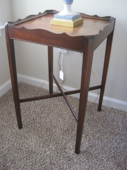 Mahogany Depression Era Style Square Top End Table w/ Cross Stretcher Base on Tapered Legs