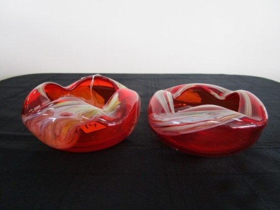 Pair - Ruby Glass Art Glass Dishes, Flared Rim