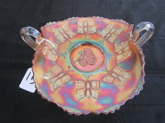 Iridescent Glass Votive Dish w/ Butterfly Pattern, Handles, Crimped Rim