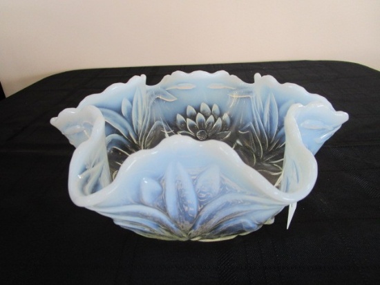 Blue Rimmed Flared Bowl w/ Floral Pattern Motif Base 8 1/4" D
