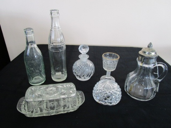 Lot - Misc. Glass, Vintage Coca-Cola Bottles, Butter Dish, Swirl Pattern Perfume Bottles, Etc.