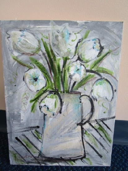 Hand Painted Acrylic White Tulips in Pitcher Vase Artist Signed on Canvas