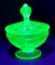 Depression Glass Uranium Vaseline Cabbage Rose Pattern Sherbet w/ Doric & Pansy Pattern Lid