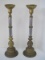 Pair - Brass Gothic Style Cupped Pillar Candle Stands w/ Stainless Band Accent on Plinth Base
