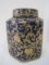 Semi-Porcelain Hexagon Form Ginger Jar w/ Lid, Classic Asian Gilt Design Cobalt Background