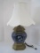 Elegant Asian Style Table Lamp w/ Floral Relief Cobalt/Royal Blue Font on Brass Plinth Base