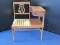 Ring, Ring Telephone Gossip Bench w/ Lyre Back Splat, Upholstered Seat & Table