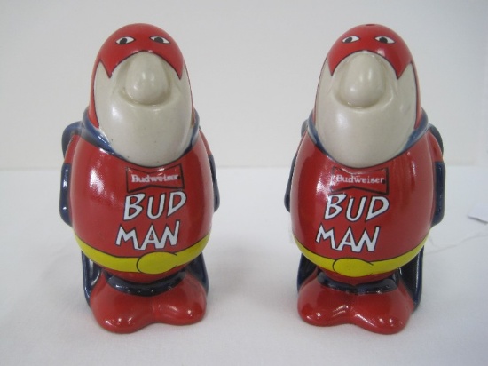 Pair - Novelty Advertising Porcelain Budweiser Bud Man Salt/Pepper Figural Shakers