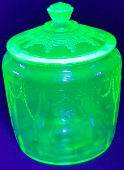 Anchor Hocking Depression Uranium Vaseline Glass Cookie Jar w/ Lid Cameo Ballerina Pattern