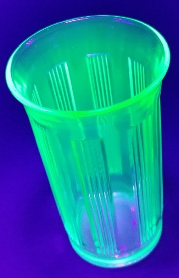 Depression Transparent Green Uranium Glass Tumbler Vertical Band Pattern