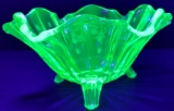 Early Green Uranium Vaseline Glass 3 Toed Bowl w/ Etched Flower/Foliage Pattern