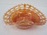 Fenton Marigold Carnival Glass Black Berry Spray/Basket Weave Patterns Bowl w/ Pierced Rim