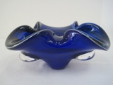 Vintage Murano Art Glass Cobalt Ashtray w/ Unique Black/Green Swirl Design Polished Base