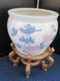 Semi-Porcelain Planter Oriental Bird/Floral Design on Stand