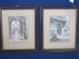 Pair - Spanish Courtyard Scene Prints in Black Lacquer/Gilted Antiqued Patina Frames/Matt