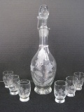 Liquor/Sherry Hand Crafted Decanter Etched Wild Flower Pattern w/ 6 Matching Glasses
