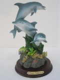 Vivian Collection Resin Dolphins & Coral Reef Sculpture on Wood Finish Base