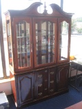 Traditional Style Lighted China Cabinet w/ Mirrored Back, Glass Shelves