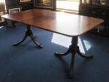 Mahogany Duncan Phyfe Style Double Pedestal Table w/ Leaf & Brass Finish Cap Feet