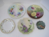 4 Hand Painted Floral Plates Pansies, Violets, Mums, Rosebuds