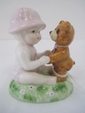 Heartline Porcelain Baby Sitting Holding Hands w/ Teddy Bear 1 Year Old Birthday Figurine