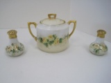 C.T. Porcelain Covered Sugar Bowl Salt/Pepper Shakers Hand Painted Yellow Roses Pattern