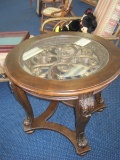 Ornate Spanish Style Round End Table w/ Scroll Design w/ Glass Top on Carved Legs