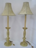 Pair - Brass Spiral Candle Stick Banquet Lamps w/ Faux Leather Style Shades