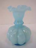 Fenton Blue Case Glass Melon Shape Bud Vase w/ Crimped Ruffled Edge