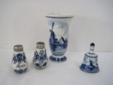 4 Pieces Hand Painted Delft Holland Bud Vase, Salt/Pepper & Hand Bell