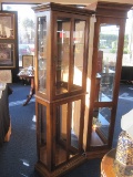 Charming Pine Country Style Lighted Curio w/ Mirrored Back, Glass Shelves & Trim Molding