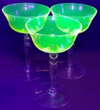 3 Depression Uranium Vaseline Bowl To Clear Crystal Stem/Foot Tall Sherbet/Champagne