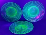 3 Hazel Atlas Ribbon Pattern Plates Uranium Vaseline Depression Glass