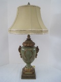 French Inspired Urn Form Plaster Table Lamp Embellished Foliage Vine, Flower/Ribbon Handles