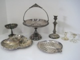 Lot - Silverplated Candle Sticks, Leaf Serving Tray, 3 Part Scalloped Shell w/ Candle Holder