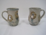 Pair - Pottery Coffee Mugs w/ Hand Painted Wildflowers Design