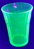 Green Uranium Depression Glass Tumbler Vertical Panel & Harlequin Band Pattern