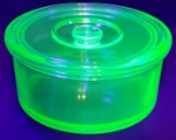 Hazel Atlas Green Uranium Vaseline Glass Round Dish w/ Lid