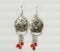Silver Earrings w/ Swirl Design, Red Beads