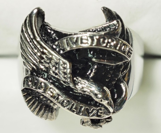 Stainless Steel Eagle Shaped Men's Ring "Live To Ride, Ride To Live"