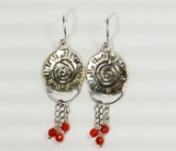 Silver Earrings w/ Swirl Design, Red Beads