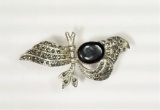 Silver Black Onyx & Marcasite Bird Design Brooch